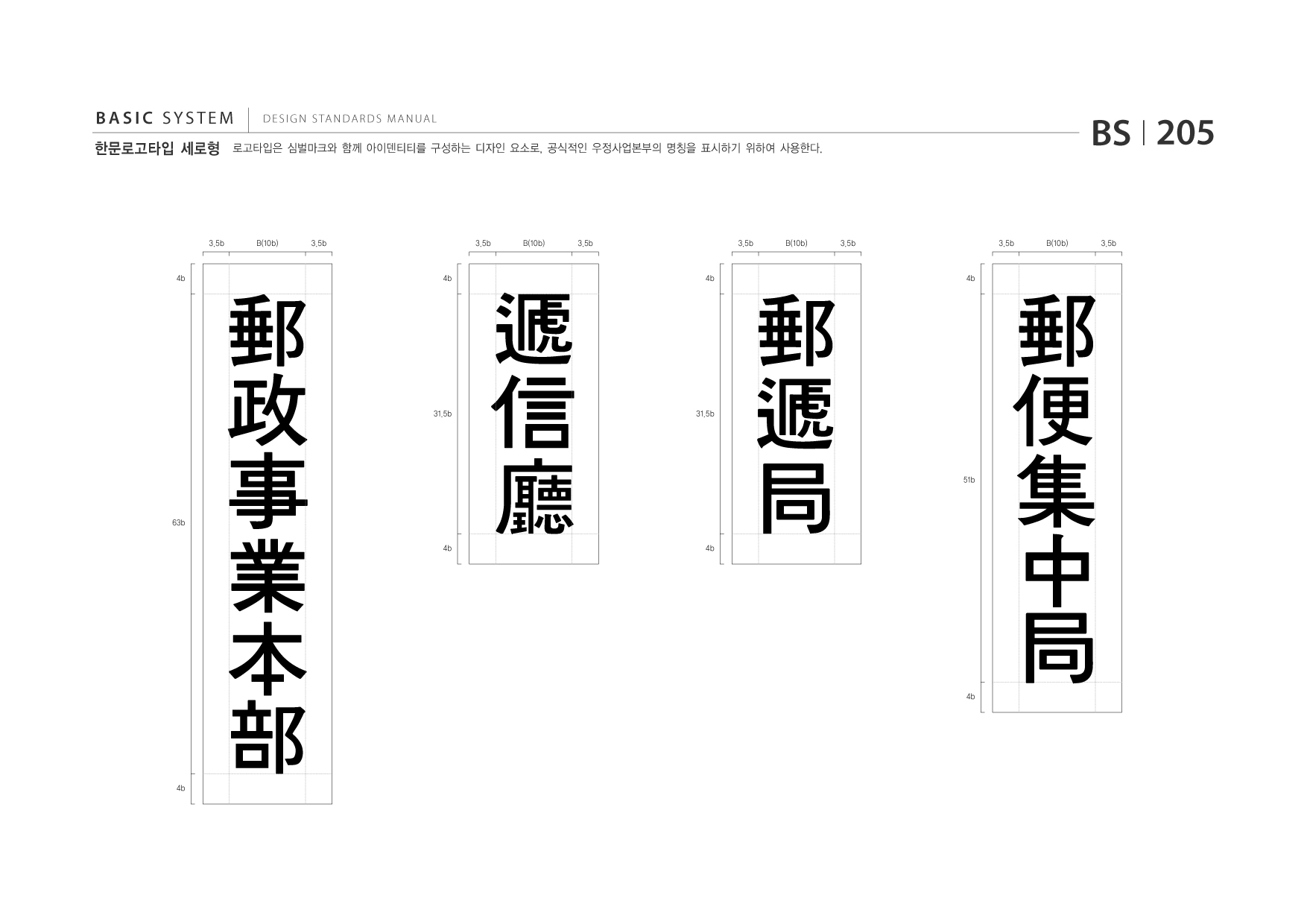 BASIC SYSTEM 한문로고타입 세로형  DESIGN STANDARDS MANUAL  로고타입은 심벌마크와 함께 아이덴티티를 구성하는 디자인 요소로, 공식적인 우정사업본부의 명칭을 표시하기 위하여 사용한다.  BS I 205 3.5b 3.5b B(10b) 3.5b  3.5b  B(10b)  3.5b  3.5b  B(10b)  3.5b  3.5b  B(10b)  4b  4b  4b  4b  31.5b  31.5b  51b  63b 4b 4b  4b  4b